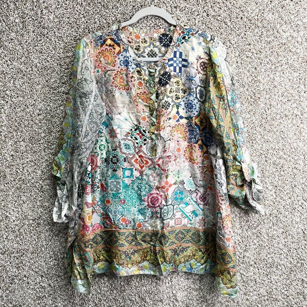 Johnny Was Top Women’s Small‎ Jessner Abstract Patchwork Silk Popover Tunic